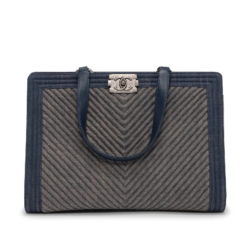 Durable handle bags for heavy-duty everyday use -Chanel Light Blue Chevron Denim Boy Tote