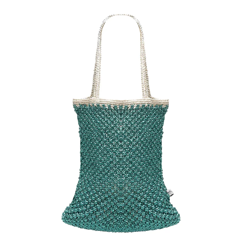 Handle bags with chevron designs for trend -KIYANA Hand Woven Macrame Bag - Aqua & White