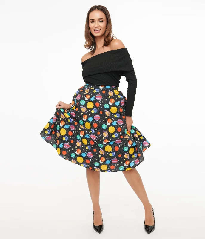 Luxury skirts with shimmering sequin details -Black & Multicolor Planets Cotton Skirt