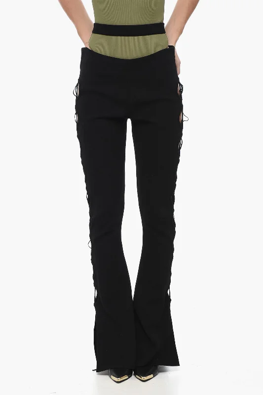 Tapered tight trousers for women with ankle-length fit and minimalist style -ANDREĀDAMO High-waisted Knit Flared Pants with Cut-out Details