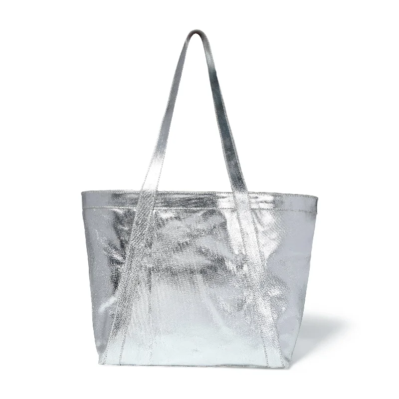 Handle bags with neutral tones for versatility -LEX Tote in Silver Foil Canvas