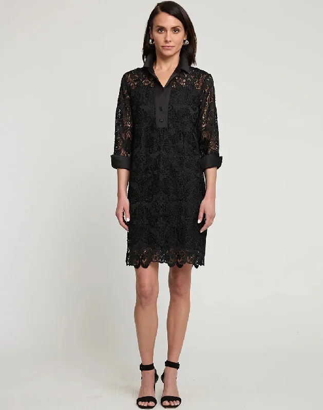 One-shoulder Dresses for Trendy -HINSON WU - AILEEN BLACK LACE DRESS 3/4 SLEEVE