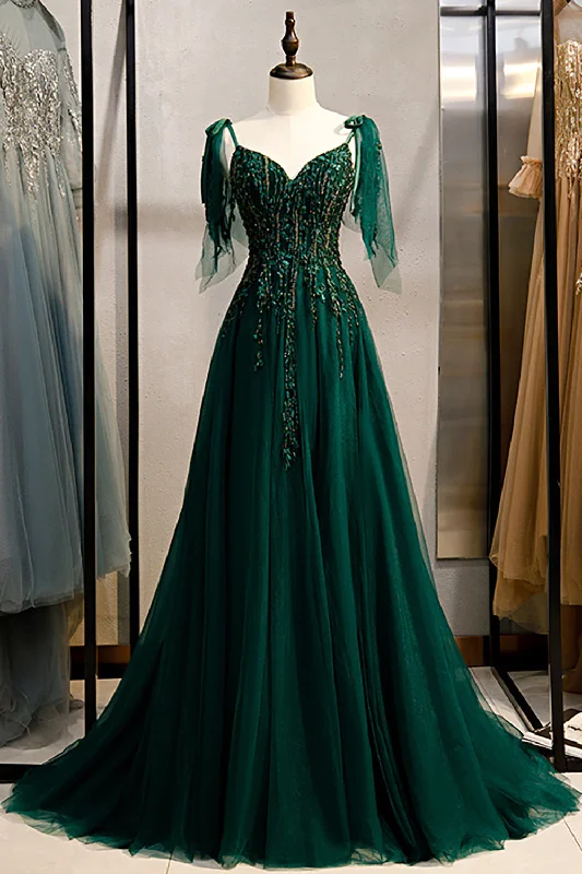 Studded Dresses for Statement -A-Line Spaghetti Straps Dark Green Prom Dress with Beading