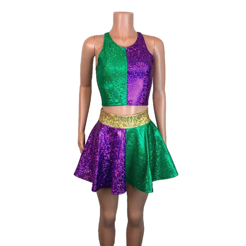 Soft skirts with plush cotton lining -Mardi Gras Outfit - Holographic High Neck Top w/Skater Skirt