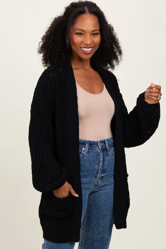 Valentine's - Day cardigan for a romantic look -Black Chunky Knit Oversized Pocket Cardigan