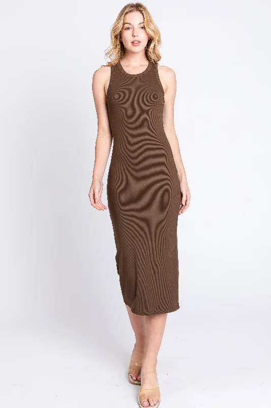 Tiered Dresses for Voluminous -Brown Sleeveless Ribbed Fitted Midi Dress