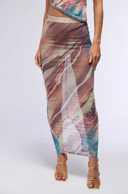 Flowy maxi skirts for breezy summer style -THEA PRINTED MESH MAXI SKIRT