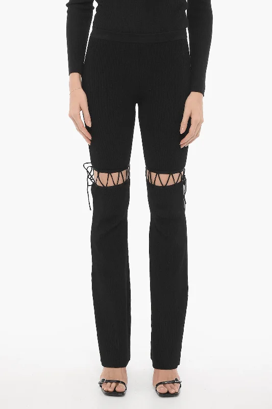 High-rise tight trousers for women with side zippers for easy styling -Nensi Dojaka Ribbed Flared Pants with Lace-up Detail