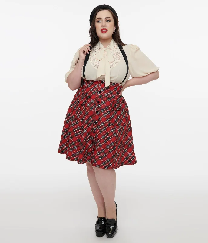 Pleated midi skirts for timeless grace -Unique Vintage Plus Size 1950s Red Bias Plaid Suspender Flare Skirt