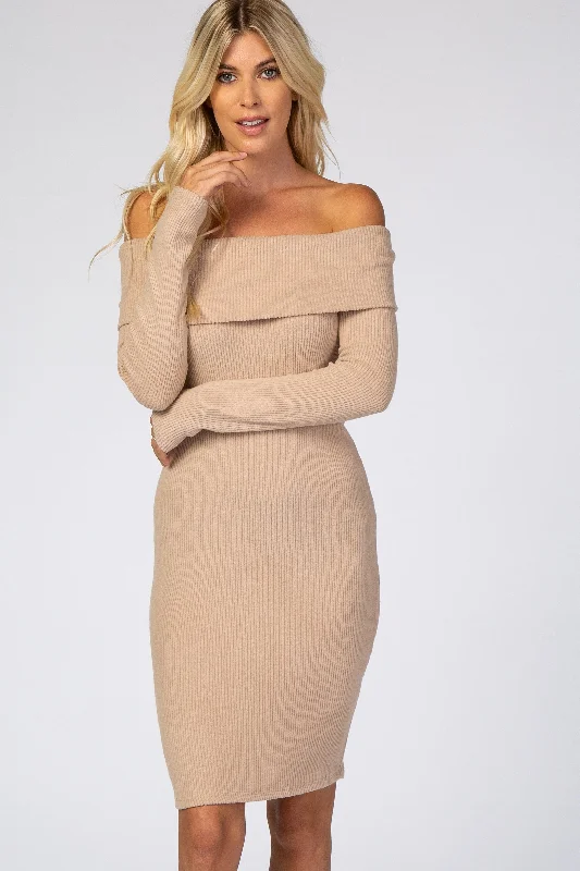 Embroidered Dresses for Detailed -Mocha Soft Ribbed Folded Neck Off Shoulder Dress