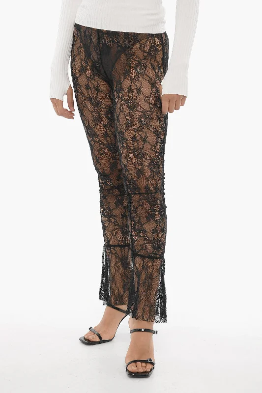 All-black tight trousers for women with simple, chic design for formal occasions -Adriana Hot Couture Macrame' Lace Sheer Pants