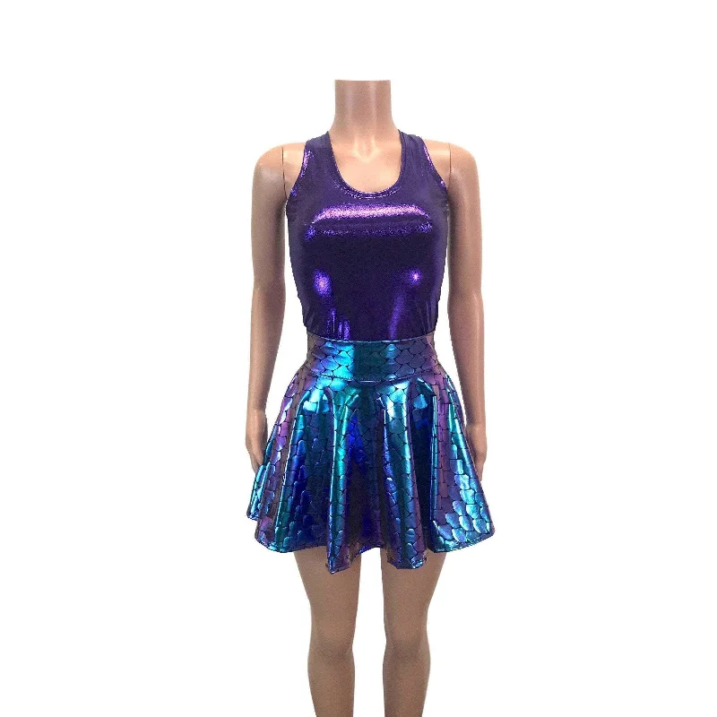 Bold skirts with vibrant tropical prints -Mermaid Costume - Holographic Mermaid Scales Skater Skirt & Purple Tank Outfit