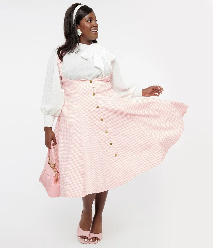 Lightweight linen skirts for breathable wear -Unique Vintage Plus Size Pink & White Gingham Button Suspender Swing Skirt