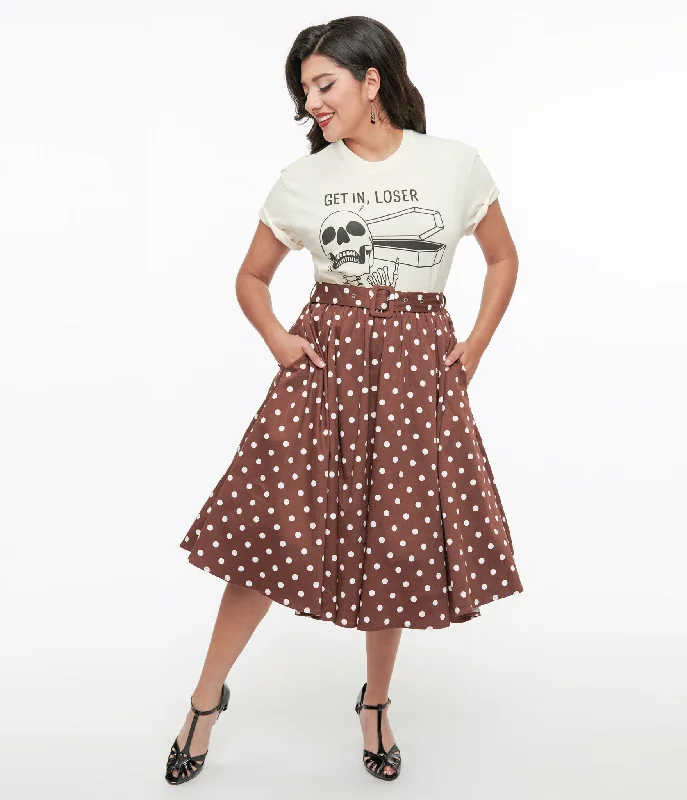 Bold skirts with vibrant tropical prints -Brown & White Polka Dot Paula Swing Skirt