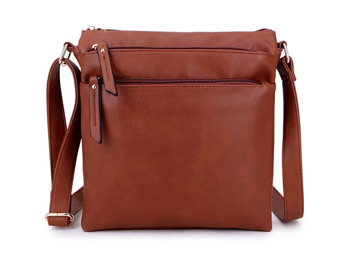 Handle bags with bold logos for branding -PLAIN BROWN MULTI COMPARTMENT CROSS BODY SHOULDER BAG