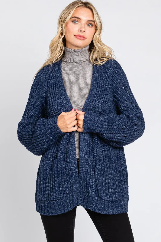 Crew - neck cardigan for a casual vibe -Navy Blue Chunky Knit Cardigan