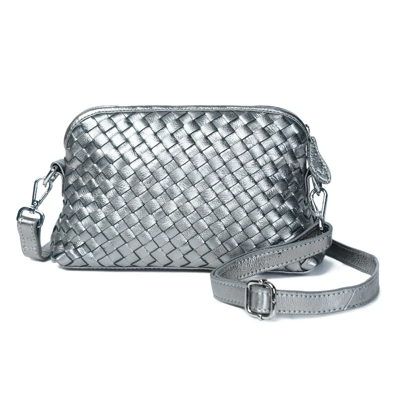 Handle bags with camouflage patterns for edge -IRA Hand Woven Crossbody Bag in Gunmetal Metallic Leather