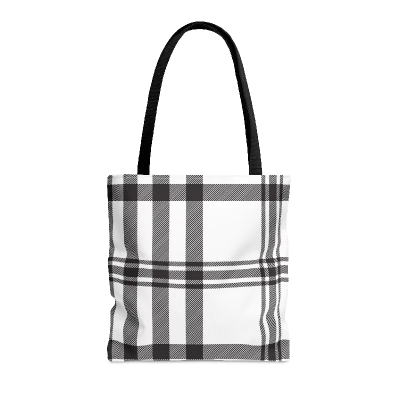 Handle bags with soft fabric for comfort -Black and White Plaid Tote Bag