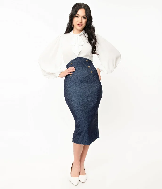 Flowy floral skirts for springtime elegance -Unique Vintage Denim Blue Sailor High Waist Sierra Pencil Skirt