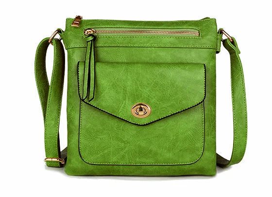 Handle bags with modern logos for branding -LARGE GREEN TURN LOCK MULTI COMPARTMENT CROSS BODY SHOULDER BAG WITH LONG STRAP