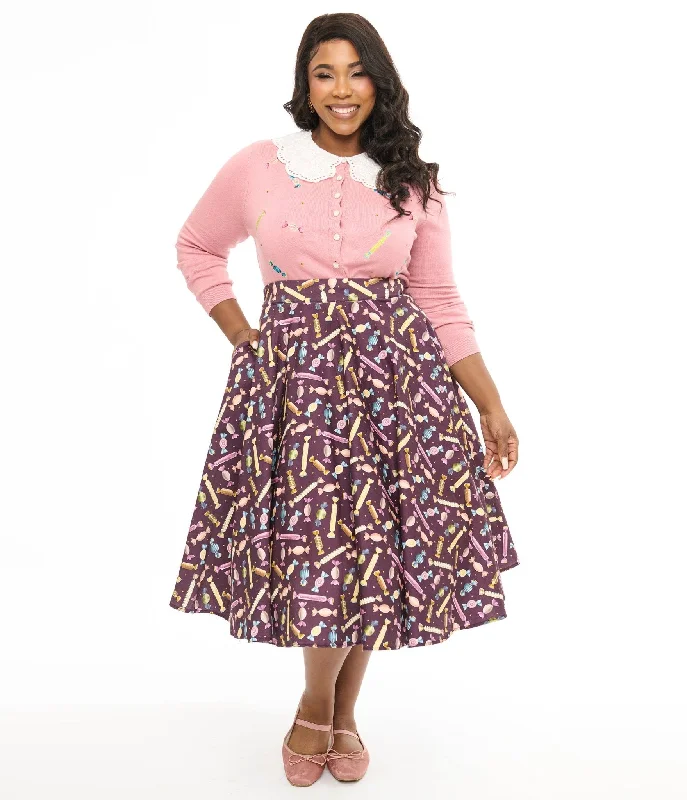 High-waisted mini skirts for retro vibes -Royal Monk Plus Size 1950s Eggplant & Candy Swing Skirt