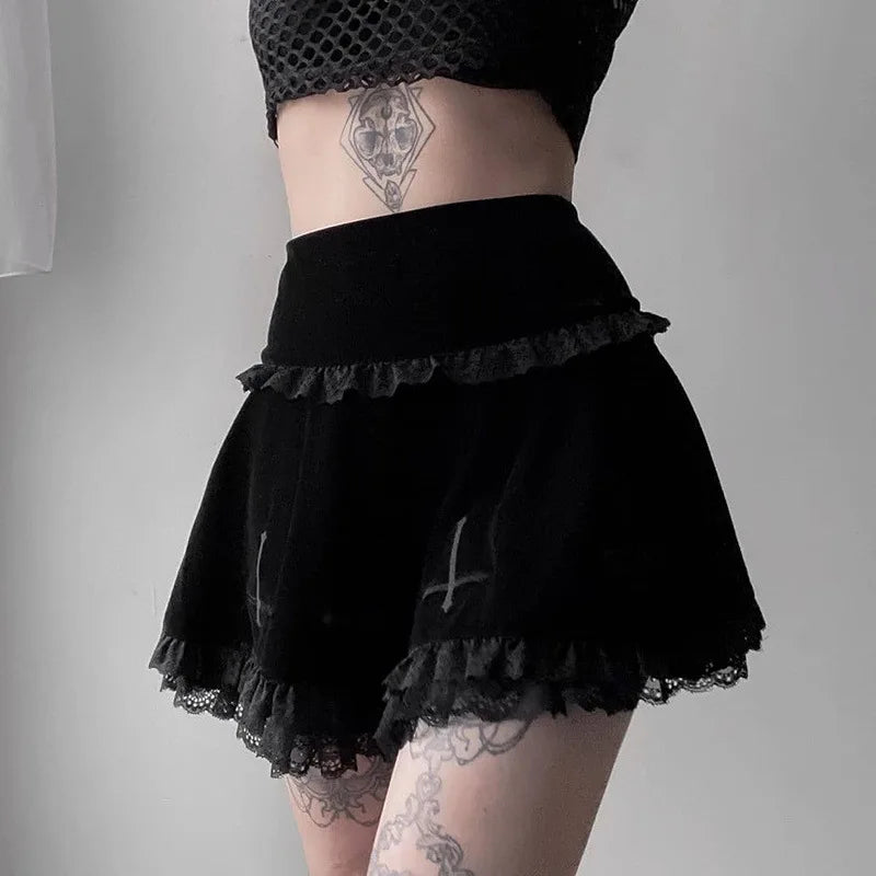 Trendy midi skirts for modern fashionistas -Sexy Fashion Summer Embroidery Black Gothic Casual Stylish Lace Trim Skirt