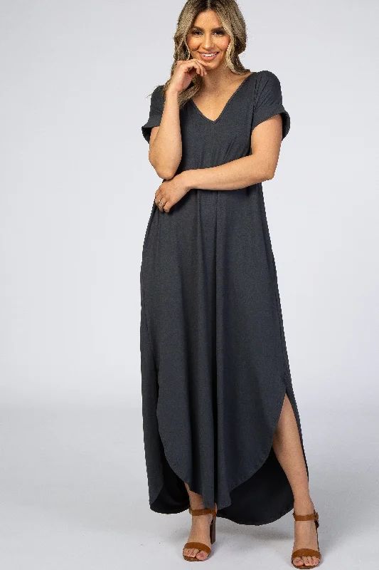 One-shoulder Dresses for Trendy -Charcoal Side Slit Maxi Dress