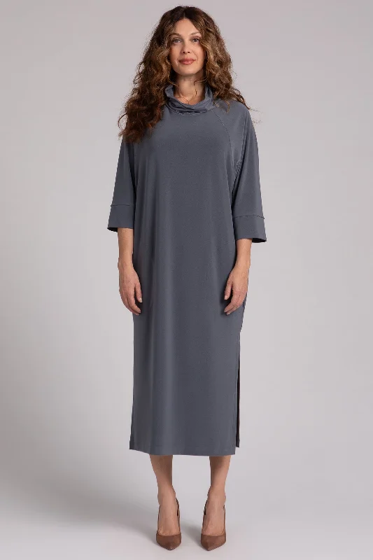 Ethnic Dresses with Tribal Design -Cozy Raglan Funnel Neck Dress | Melange Gunmetal