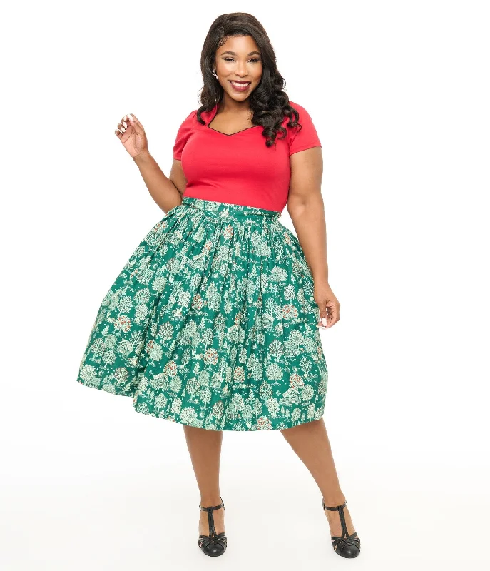 Trendy midi skirts for modern fashionistas -Unique Vintage Plus Size 1950s Green Winter Print Gellar Swing Skirt