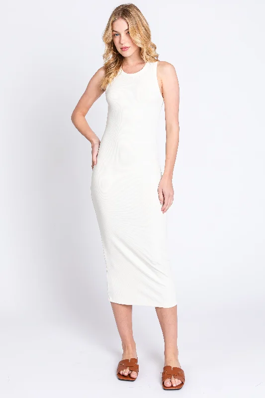 African Dresses with Culture -Ivory Sleeveless Ribbed Fitted Midi Dress