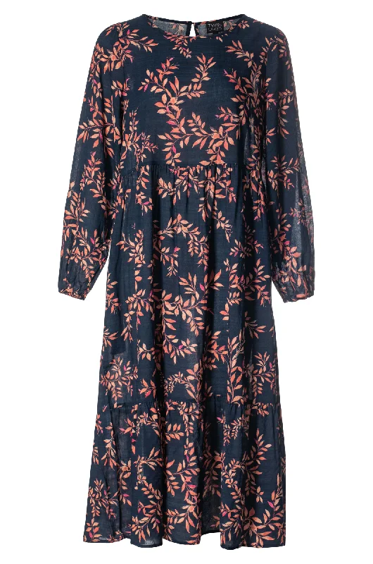 Cotton Dresses for Comfort -Printed Cotton Rayon Dress | Navy Spice Leaf | 6541ZZ