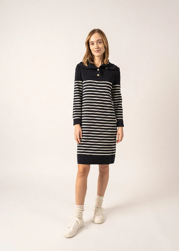 Brown Dresses for Earthy -Vague Striped Wool Dress - with buttoned collar (NAVY/ECUME)