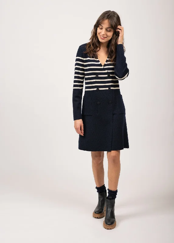 Buttoned Dresses for Stylish -Royale striped dress in wool - crossed V neck (NAVY/ECUME)