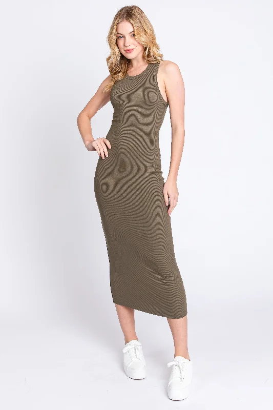 Fashionable Dresses for Style -Olive Sleeveless Ribbed Fitted Maternity Midi Dress