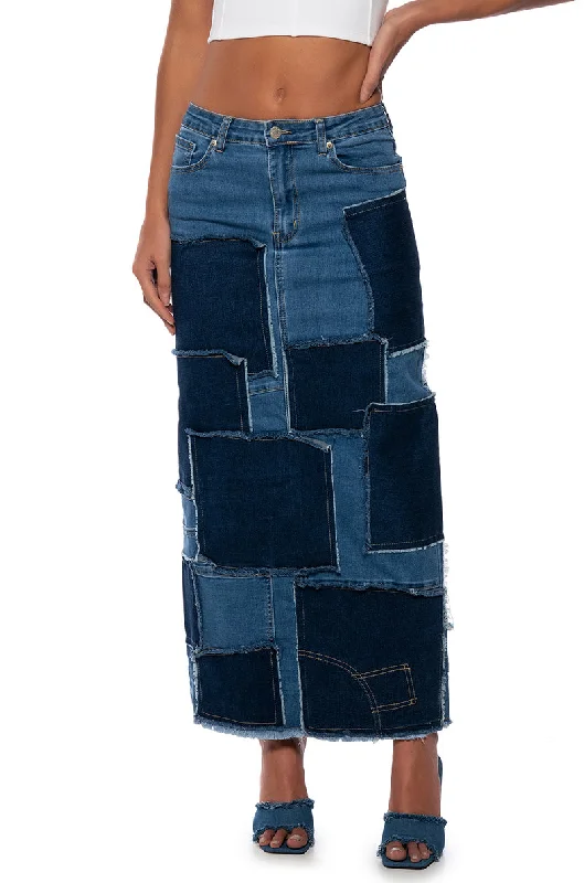 Pleated midi skirts for elegant everyday looks -ALWAYS GOOD PATCHWORK DENIM MAXI SKIRT