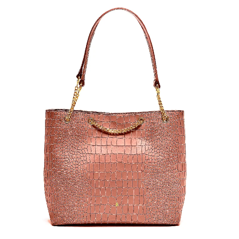 Handle bags with spacious pockets for travel -ENYA Chain Detail Tote - Terracotta Croc