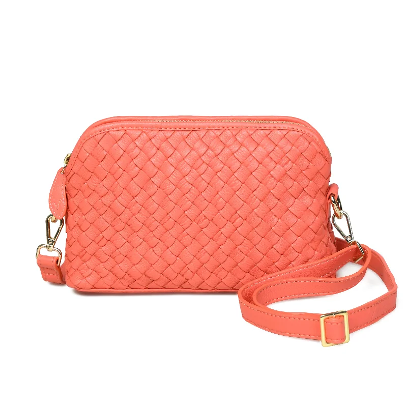 Handle bags with vegan suede for softness -IRA Hand Woven Crossbody Bag in Coral Leather