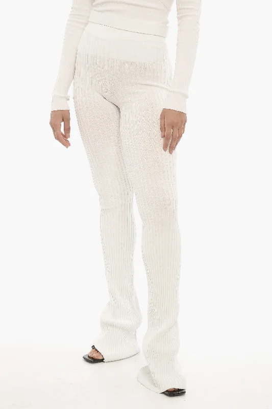 Tight trousers for women with side slits and ankle-length design for chic style -ANDREĀDAMO Ribbed Boot Cut Pants