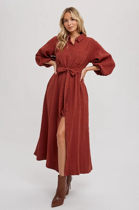 Halter Dresses for Chic Style -Rust Gauze Belted Shirt Midi Dress