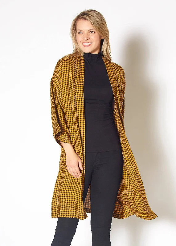 Cultural - event cardigan for a stylish appearance -Gingham Kimono Cardigan in Mustard Dark Navy Checker