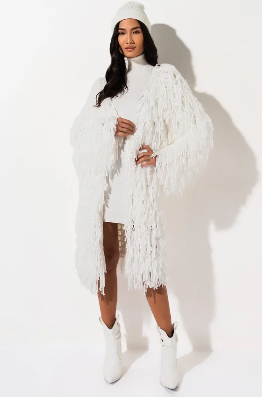 Knee - length cardigan for an elegant look -FOREVER TOGETHER FRINGE CARDIGAN WHITE