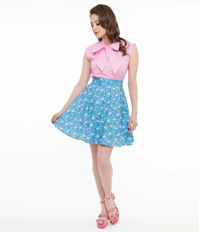 Designer skirts for luxury fashion flair -Retrolicious 1950s Blue & Pink Flamingo Print Cotton Skater Skirt