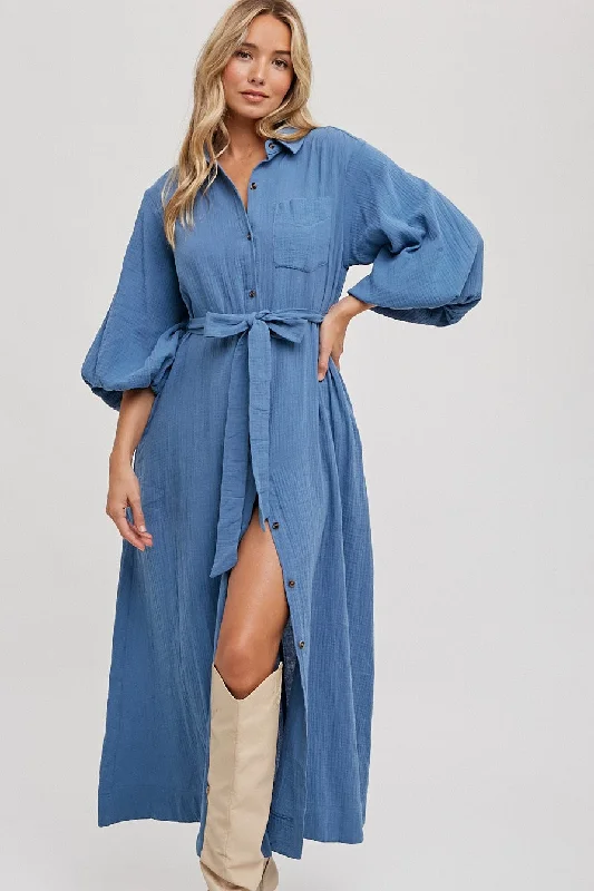 Punk Dresses with Spikes -Blue Gauze Belted Shirt Midi Dress