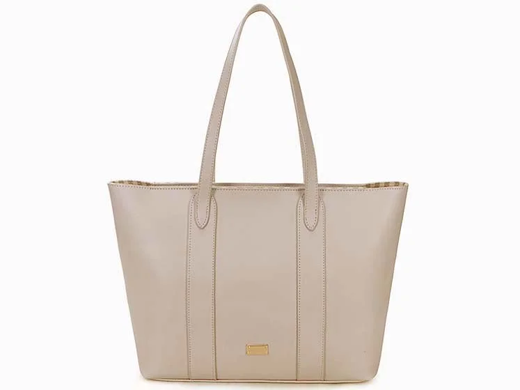 Handle bags with contrast stitching for detail -LARGE PLAIN PALE BEIGE TOTE HANDBAG WITH STRIPE INTERIOR