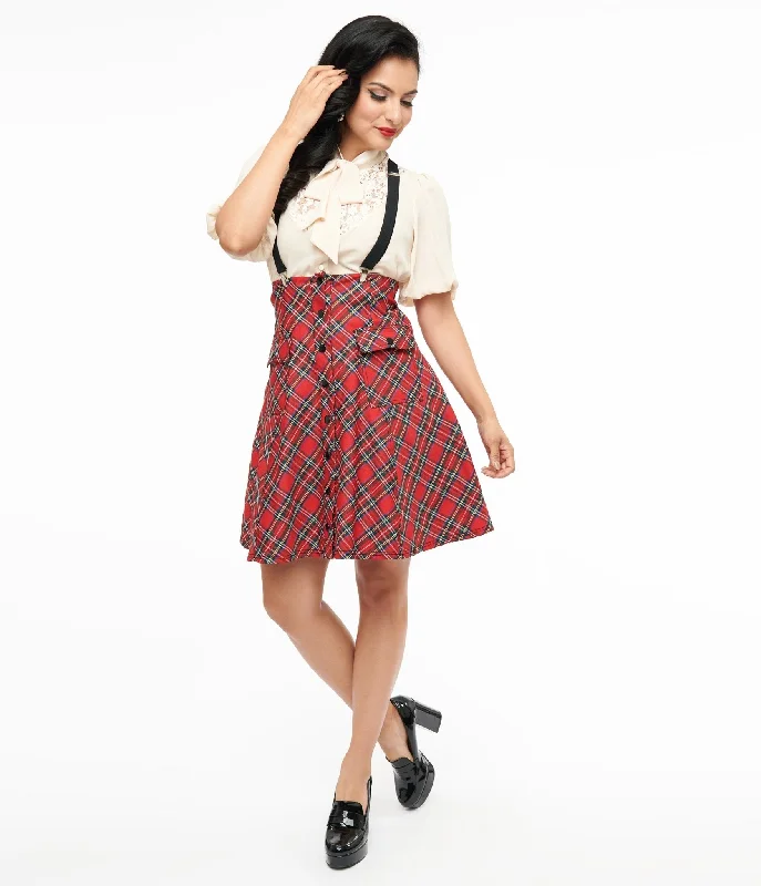 High-waisted mini skirts for retro vibes -Unique Vintage 1950s Red Bias Plaid Suspender Flare Skirt