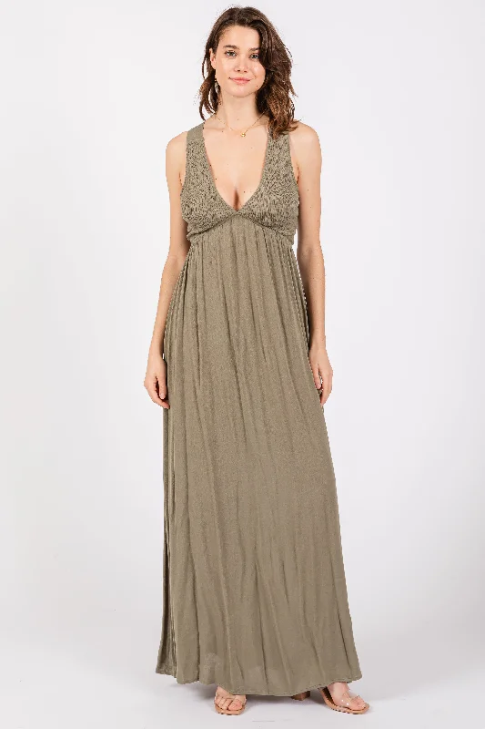 Polyester Dresses for Durable -Olive Deep V-Neck Cross Back Maxi Dress