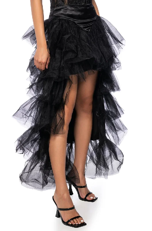 High-waisted denim skirts for cool lift -THE AWARD SHOW TULLE HIGH LOW SKIRT IN BLACK