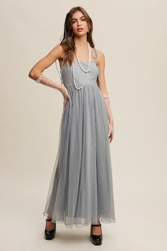 Belted Dresses for Shaping -Green Square Neck Shoulder Tie Tulle Maxi Dress