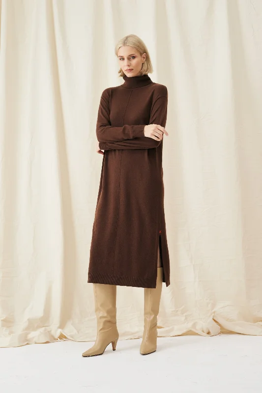 Printed Dresses with Patterns -Cocoa Wool-Cashmere Rollneck Dress