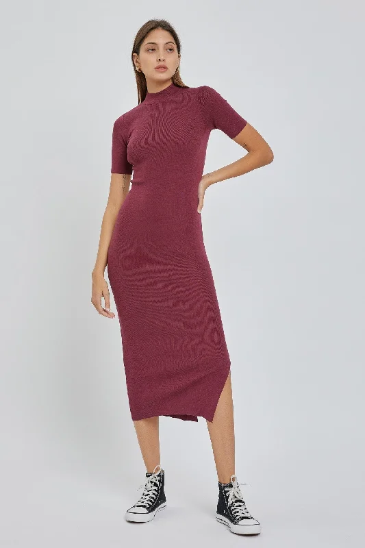 Cotton Dresses for Comfort -Burgundy Knit Fitted Mock Neck Midi Dress